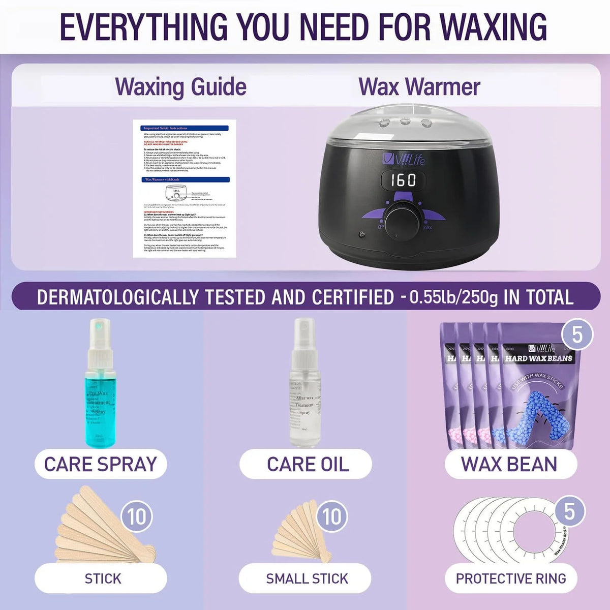 Waxing Kit for Women Beginner Friendly - Complete Wax Kit That Includes 50g*5 of Wax Beads, Applicator, Pre and Post Care Easy T