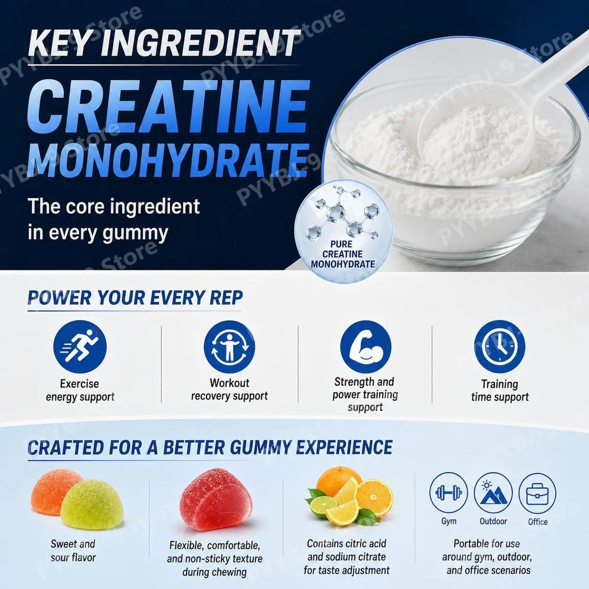 Docteat Creatine Monohydrate Gummies for Energy Support and Workout Recovery, Non-Sticky Sweet-Sour Chew, Easy Carry, 80 Gummies