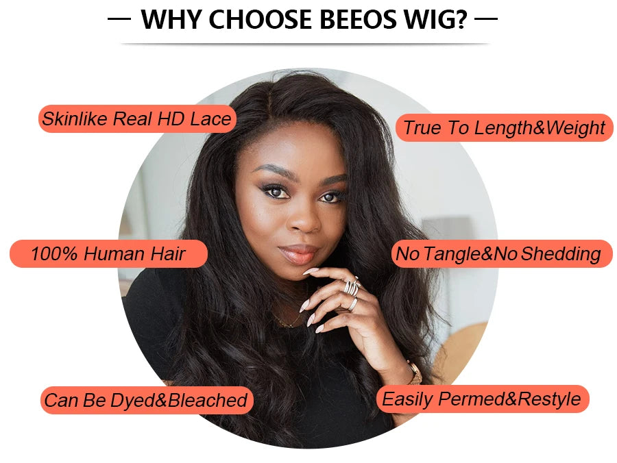 BEEOS 36in 250% Body Wave 13x6 HD Lace Frontal Wig Preplucked 13x4 HD Lace Frontal Human Hair Wigs For Women Melt Skin Brazilian
