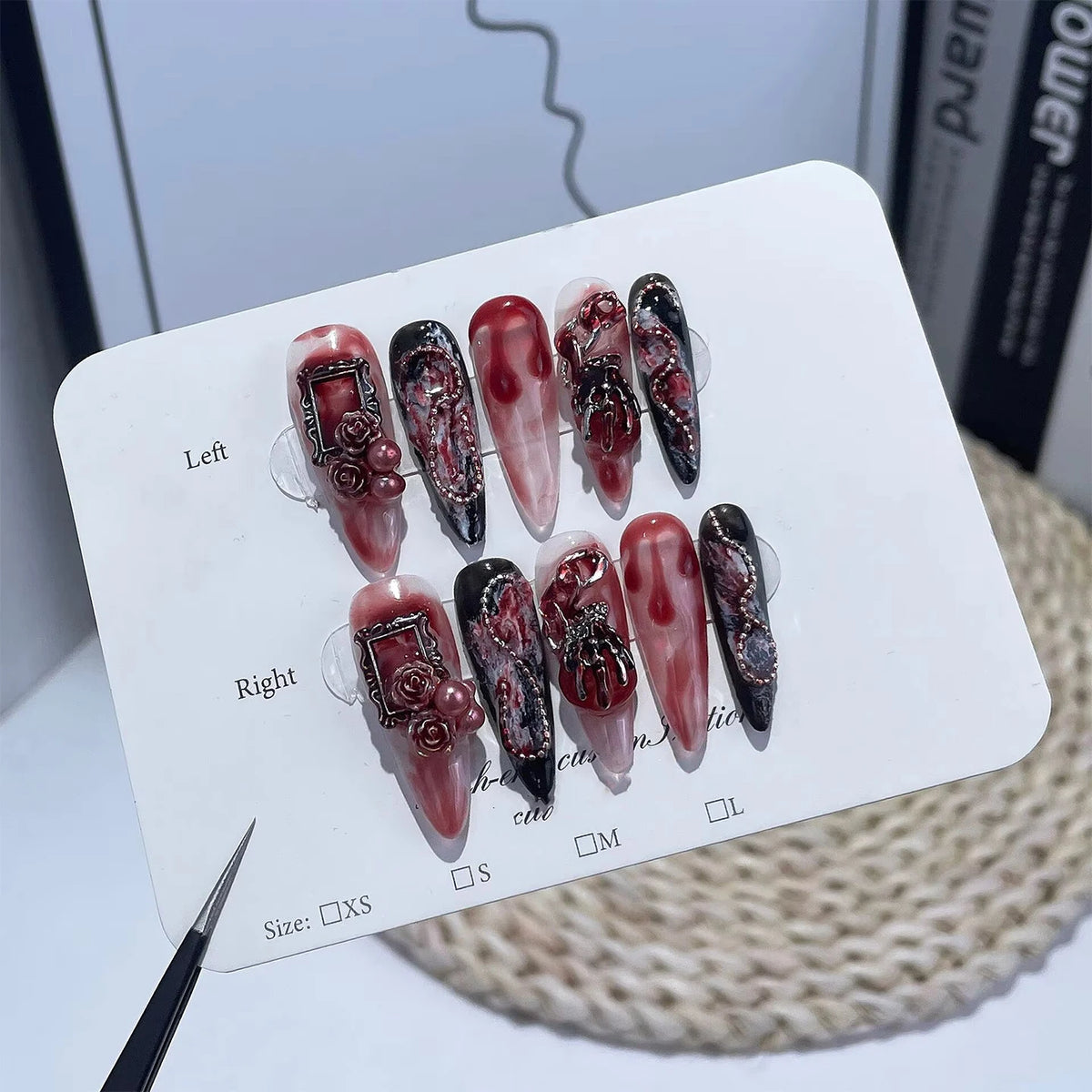 Mysterious Gothic Press On Nails Dark Red Black With Intricate 3D Decor For Events  Dark Red With Rose Skull 3D Decor Easy To