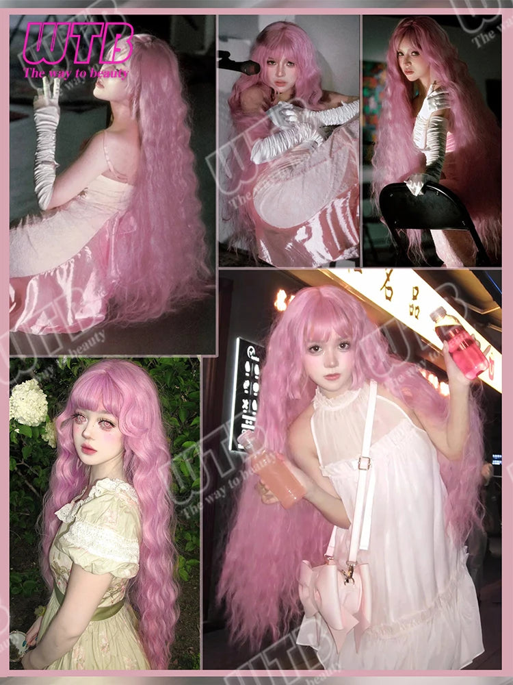 Synthetic Wig Pink Extra Long Wavy Curly Wig Lolita Wig with Bangs Suitable for Women to Wear for Holidays Parties and Cosplay