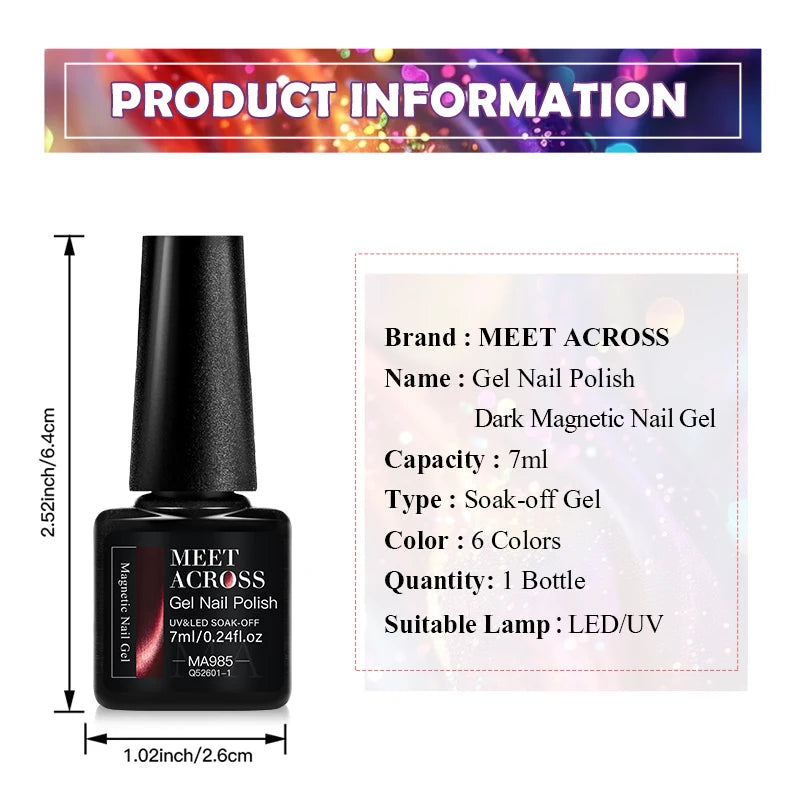 MEET ACROSS 7ml Autumn Dark Color Cat Magnetic Gel Nail Polish Glass Beads Cat Eye Gel With Glitter Nail Art Christmas Nails