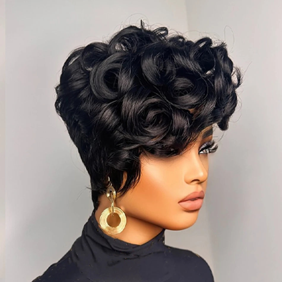 Pixie Cut Human Hair Wig for Women 6" Layered Short Loose Curly with Bangs 180% Density Remy Brazilian Hair Rose Net Cap