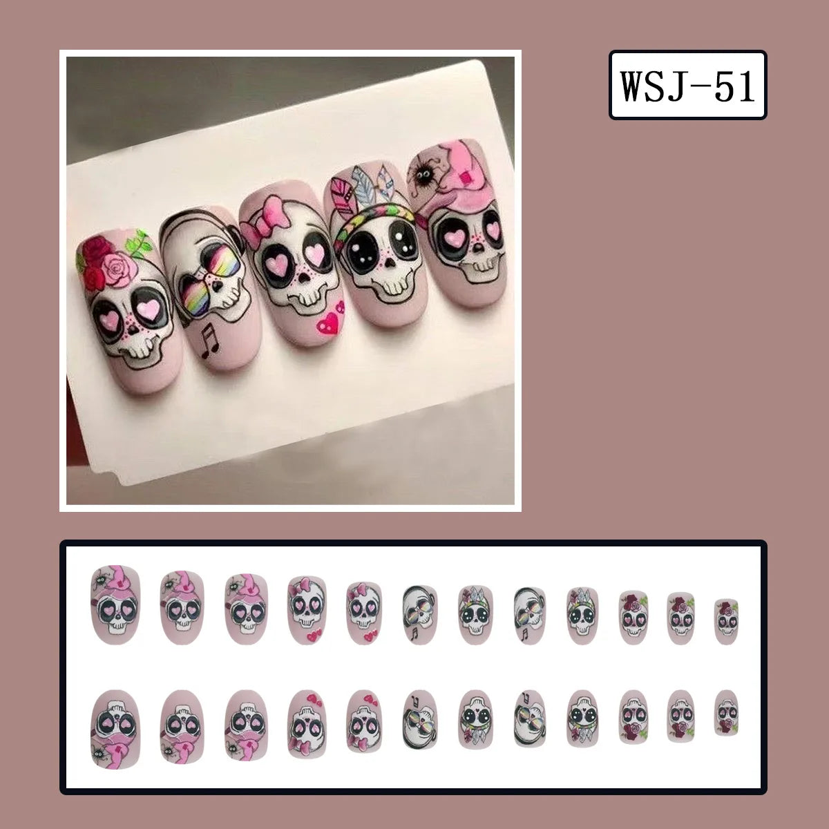 24pcs Gothic Punk Fake Nail Tips Black Ant Centipede Print Coffin Head Press on Nails Wearable European Halloween  False Nails