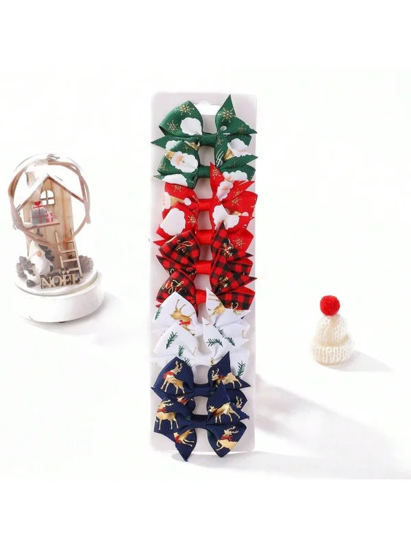 10Pcs Christmas Bow Hair Clips for Girls Santa Claus Print Ribbon Hairpins Boutique Party Cheer Kids Headwear Hair Accessories