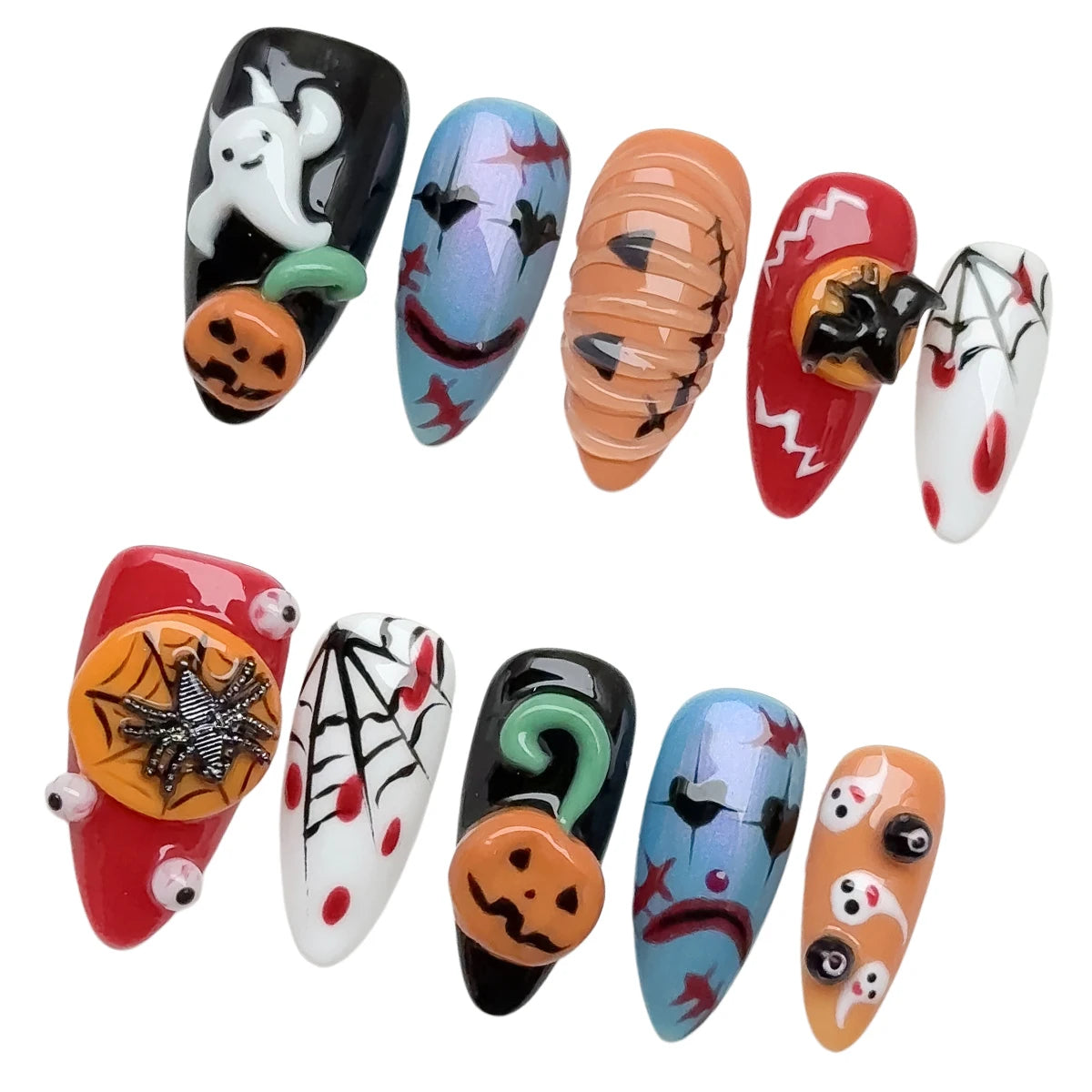 10pcs/Set Handmade Acrylic Press on Nails Mid-Length Almond Nails, Halloween Nails, 3D Pumpkin Spider Bat Ghost Fake Nails