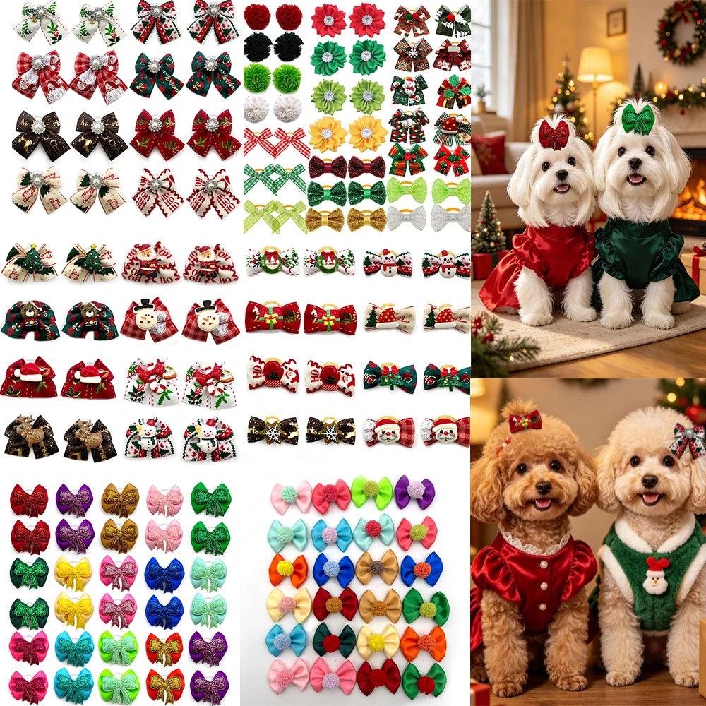 50pcs Christmas Small Doggy Hair Bows Exquisite Pet Hair Bows Rubber Bands Dog Hair Bows Dog Grooming Accessories Pet Supplies