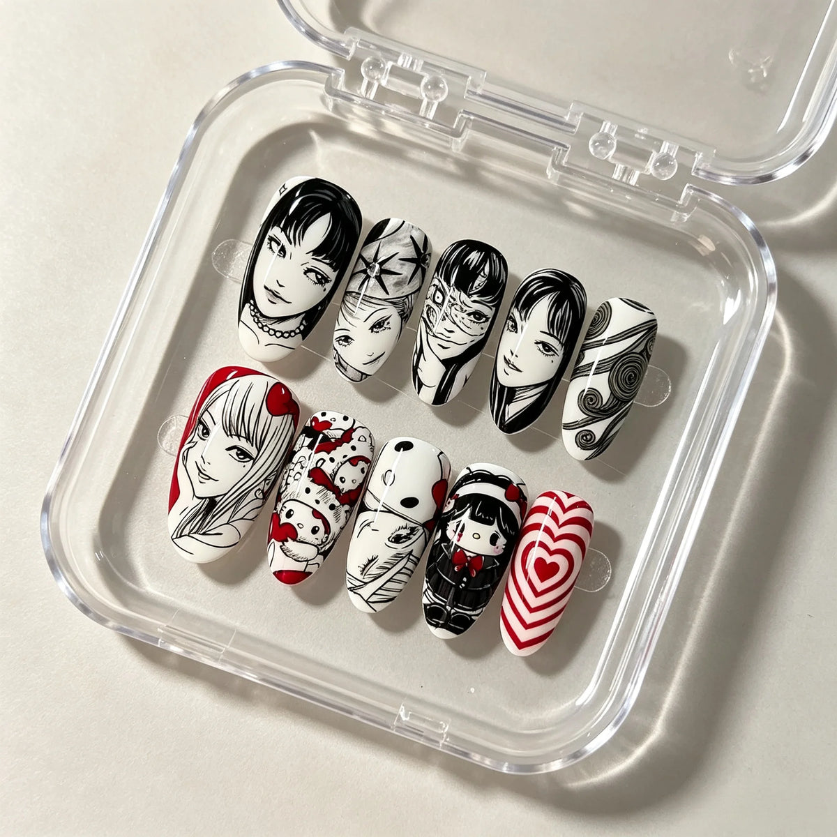 30pcs Gothic Horror Press On Nails Medium Oval Fake Nail Black‑White Portrait Red Heart Spider Halloween False Nail for Women