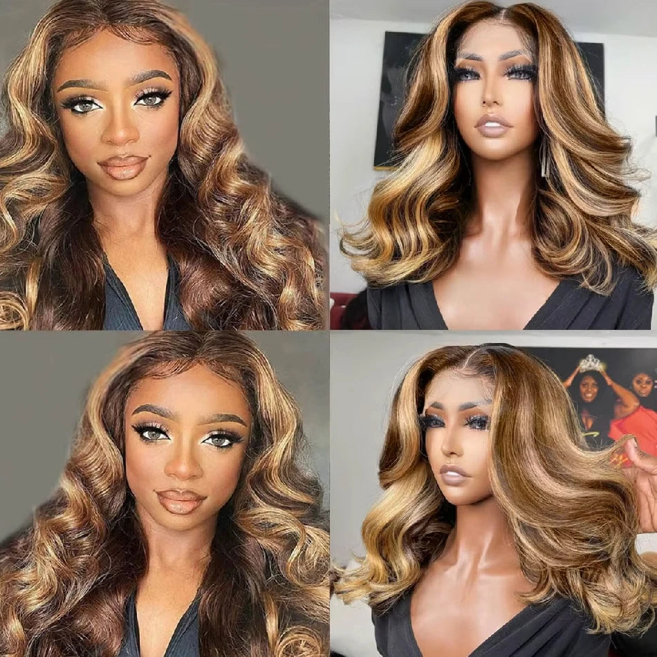 Honey Blonde Bob Wig Human Hair 14 Inch 13x4 Body Wave 4/27 Highlight Ombre HD Lace Front Wigs Human Hair Pre Plucked Glueless Lace Frontal Bob Wigs for Women Colored Wig