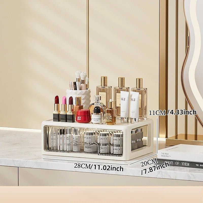 Cream Color Cosmetics Box,Multi-compartment Lipstick/Mask Organizer,Drawer Dresser for Skincare/Makeup Brushes,1–4 tiers