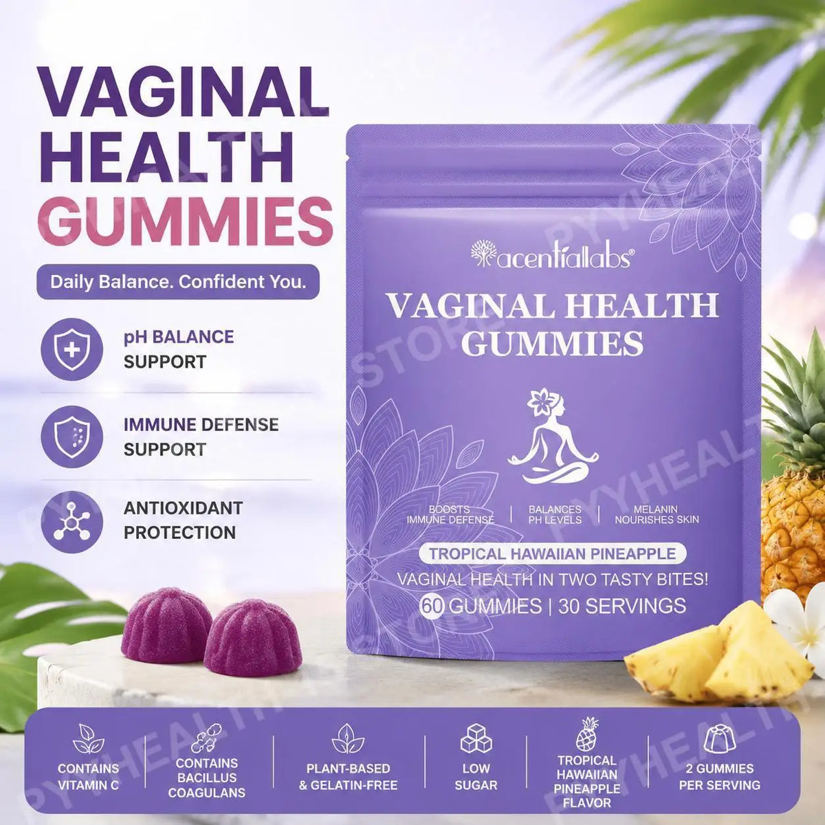 Vaginal Health Gummies, PH Balance Support with Vitamin C and Pineapple Fruit Powder, Gelatin-Free, Daily Wellness, 60 Gummies