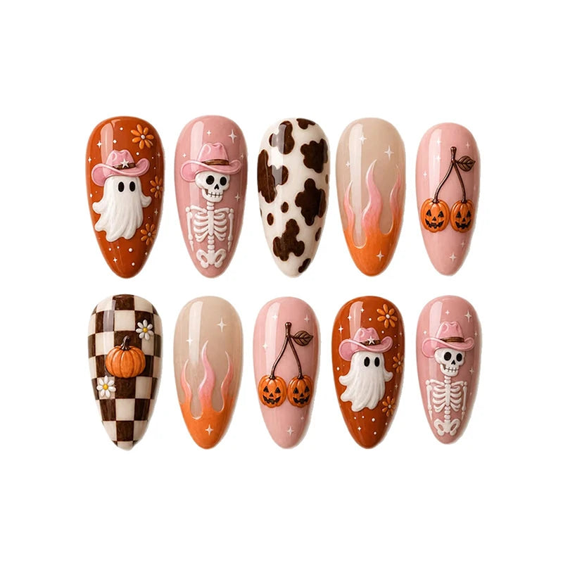6 Sets Halloween Style Almond-Shaped Press On Nails with of 3D Embossed Pumpkin Bat Checkerboard Ghost Acrylic Fake Nail