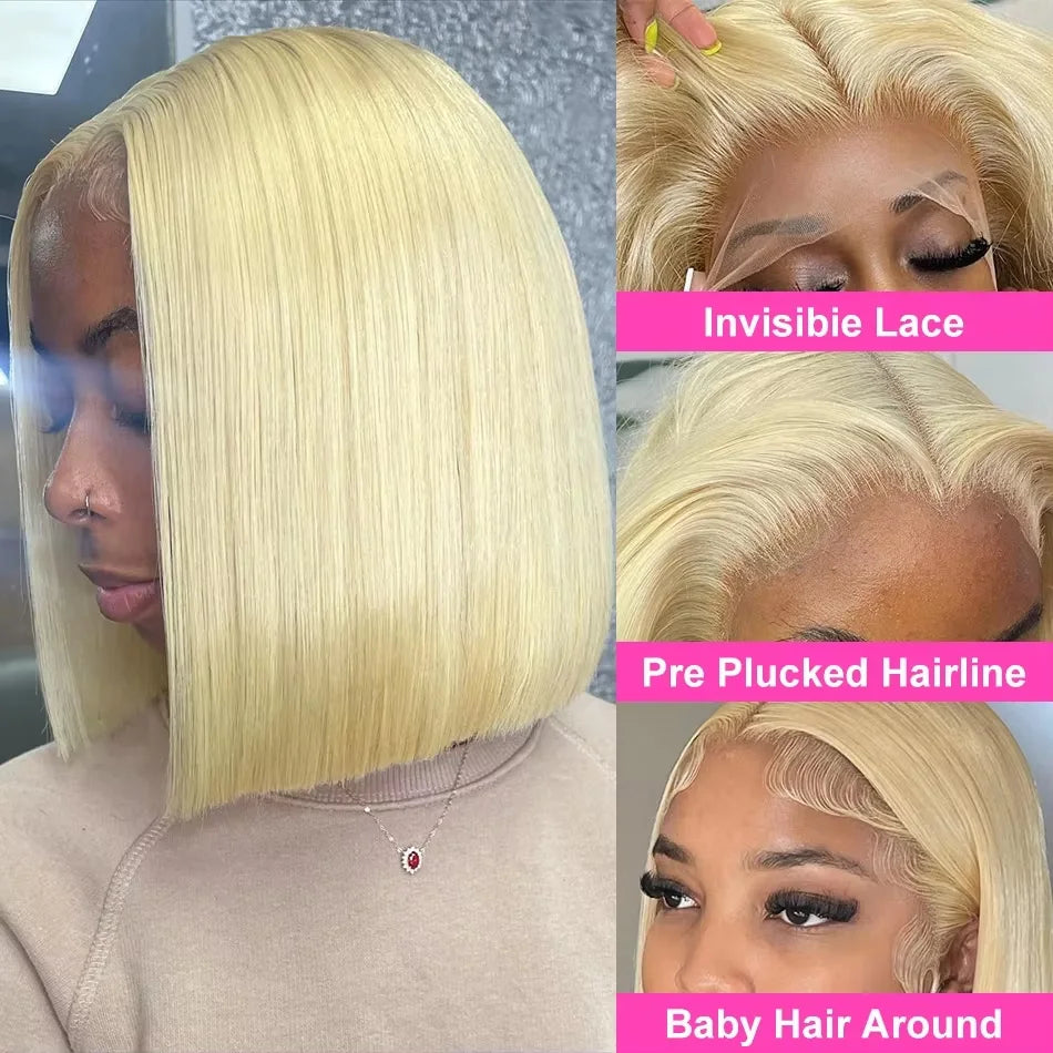 Human Hair Straight Bob Wig 613 Honey Blonde 13x4 Lace Frontal Pre Plucked 200 Density Wigs For Women Daily Use 200 Density