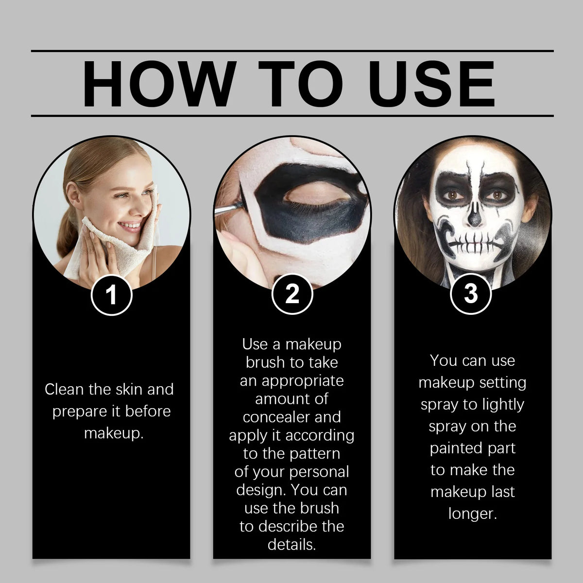 Halloween Makeup Face Body Paint With Brush Long Lasting High Coverage Mild Gentle Skin‑Friendly Halloween Skeleton Zombie