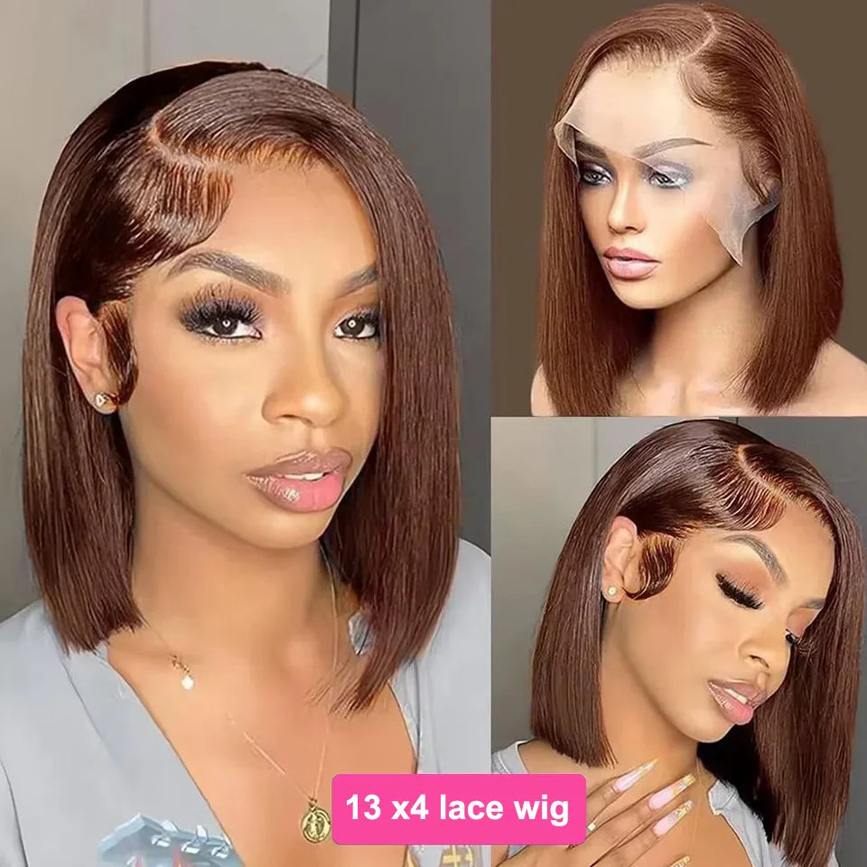 13X4 Chocolate Brown Straight Bob Wig 4X4 Silky Straight HD Lace Frontal Wig Natural Hairline Pre Plucked Human Hair 100% 16Inch