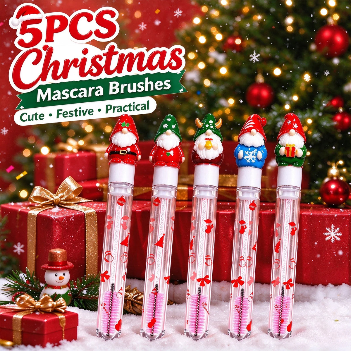 5Pcs Christmas Eyelash Brushes with Tube, Reusable Santa Mascara Wand, Dustproof Eyebrow Comb Spoolies Lash Extension Xmas Gifts