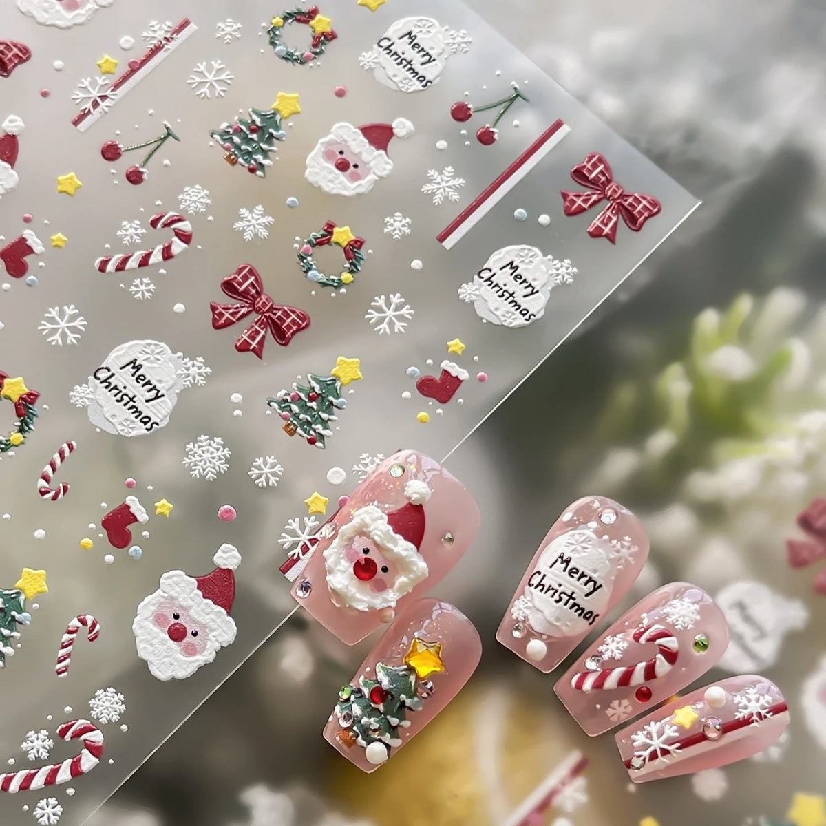 Christmas Wreath Snowman Xmas Tree Bowknot Snowflakes Gingerbread Man Bear Star Bell Apple Nail Art Charms Stickers Phone Decals