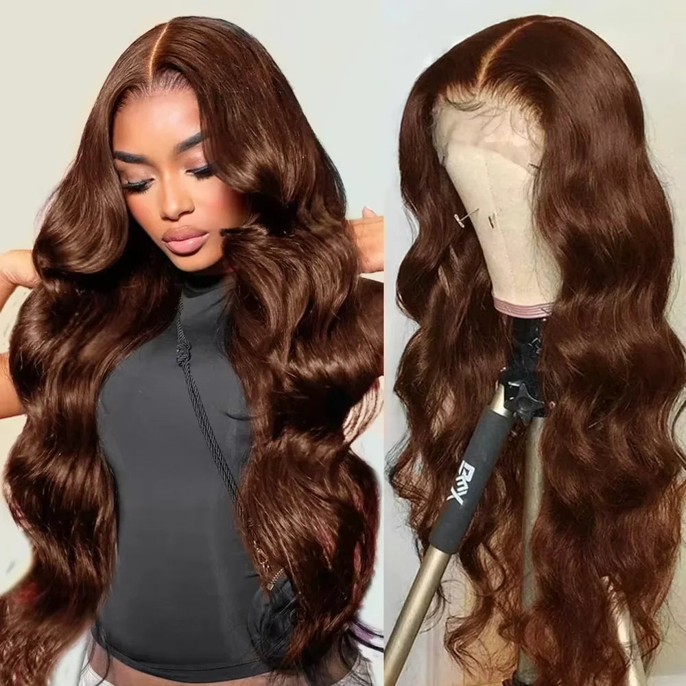 200 Density 30 38Inch Chocolate Brown Body Wave Human Hair Wigs Brazilian 13x6 HD Lace Frontal Wigs #4 Color 13x4 Lace Front Wig