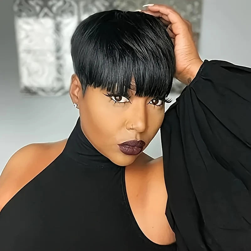 Pixie Cut wigs for Black Women Straight Human Hair Wigs with Bangs Natural 1B Color Wig Short Layered Full Machine Made Wig