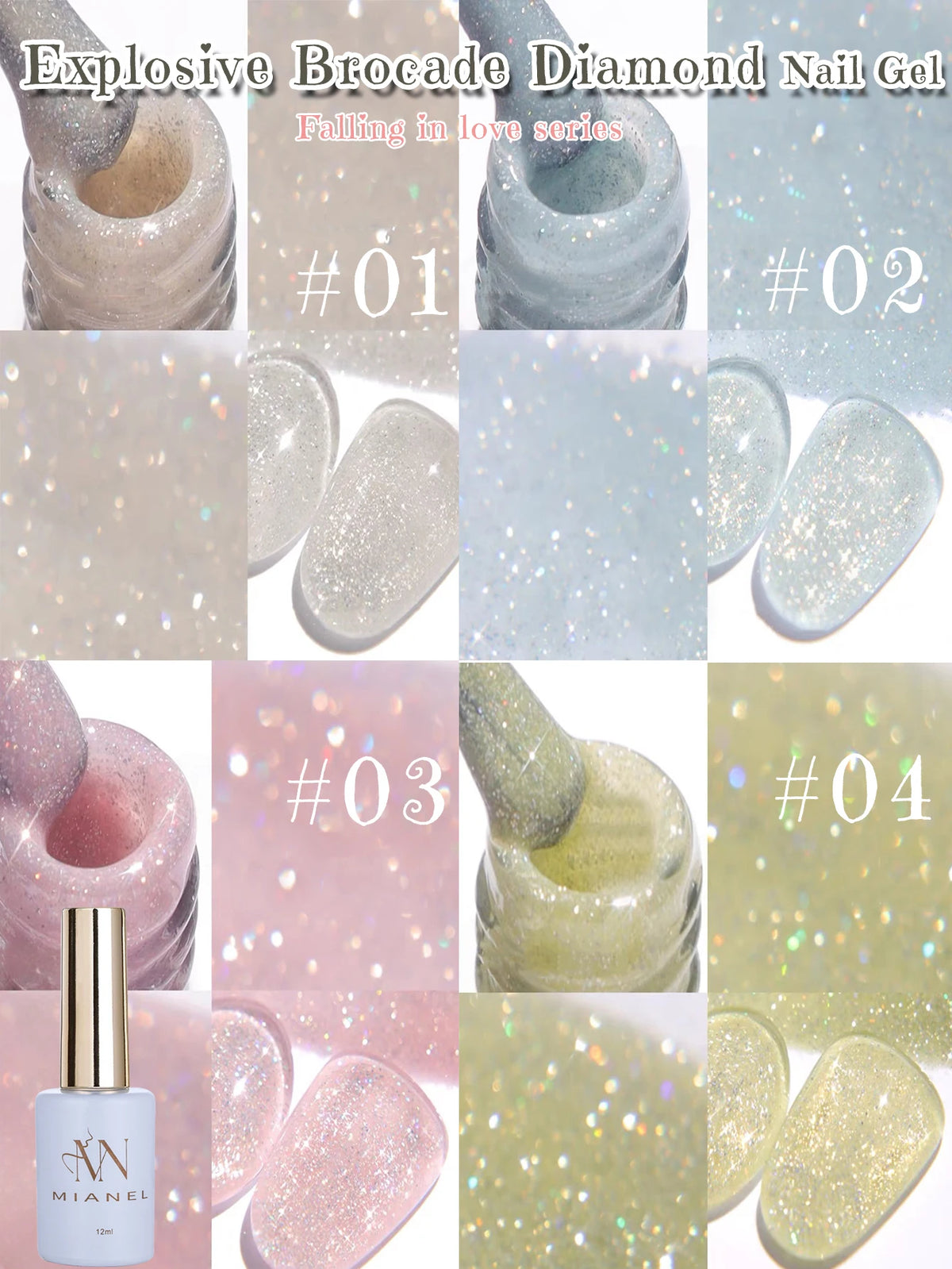 MN 1-9PCS Pink Blue White Green Color Series Gel Nail Polish With Strobe Glitter Brocade Diamond Gel Polish