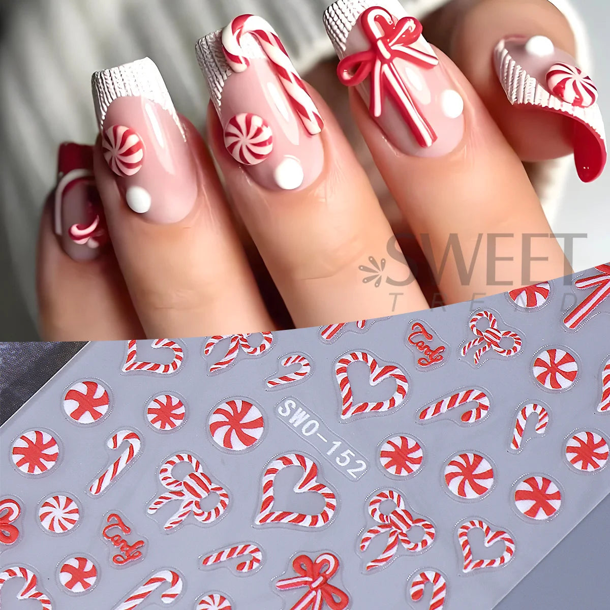 2pcs Xmas Candy Cane Matte Nail Decals Merry Christmas Bow Heart Design Sliders Winter Festival Style Sticker Manicure Accessory
