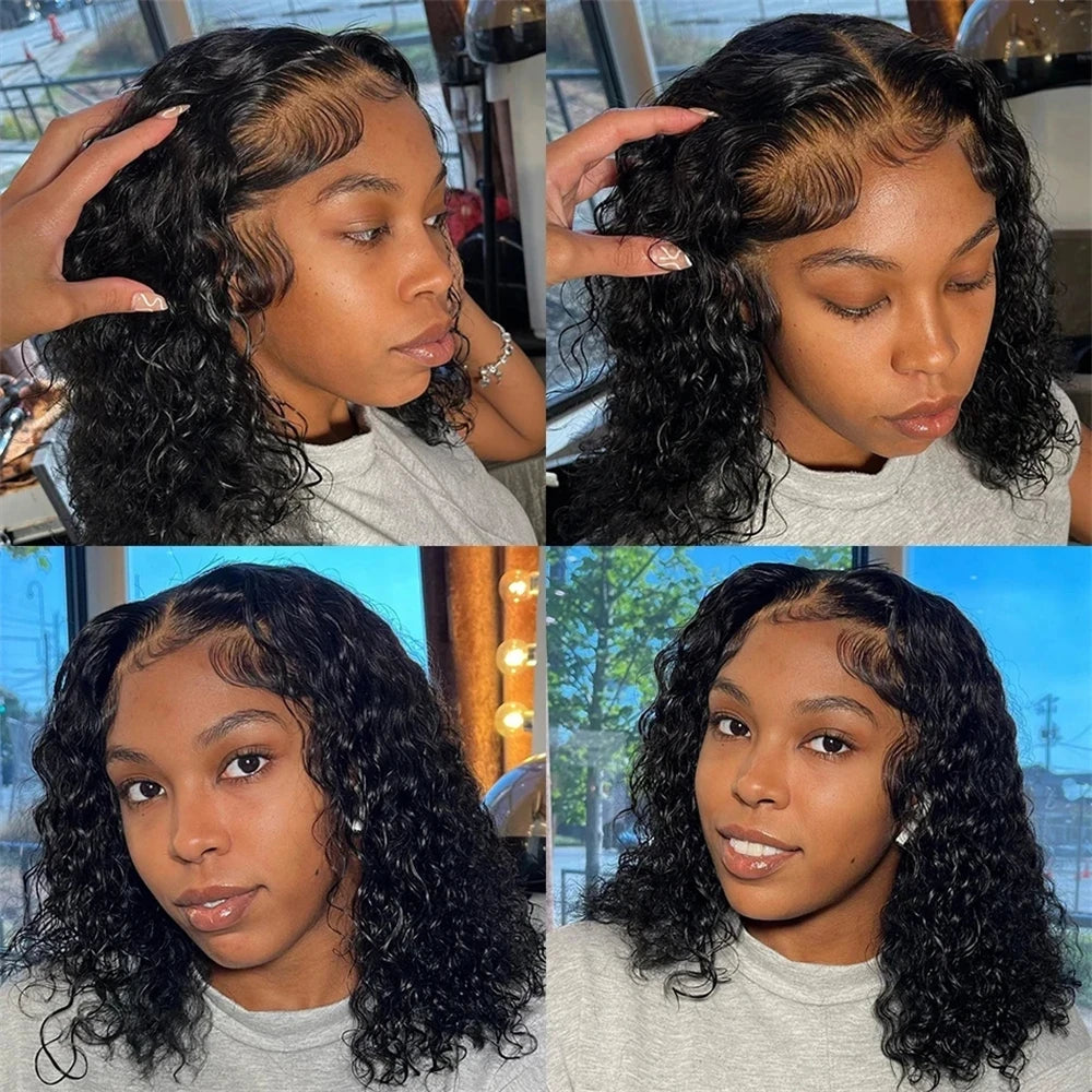 200% Density Short Kinky Curly Bob 100% Human Hair 13x4 Lace Closure Wigs Deep Water Wave Brazilian Bob 4x4 Lace Frontal Wig