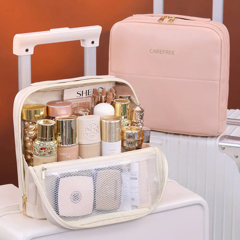 Portable PU Standing Makeup Bag Zipper Closure Letter Soft Handle Large Capacity for Professional Beauty Cosmetics Storage
