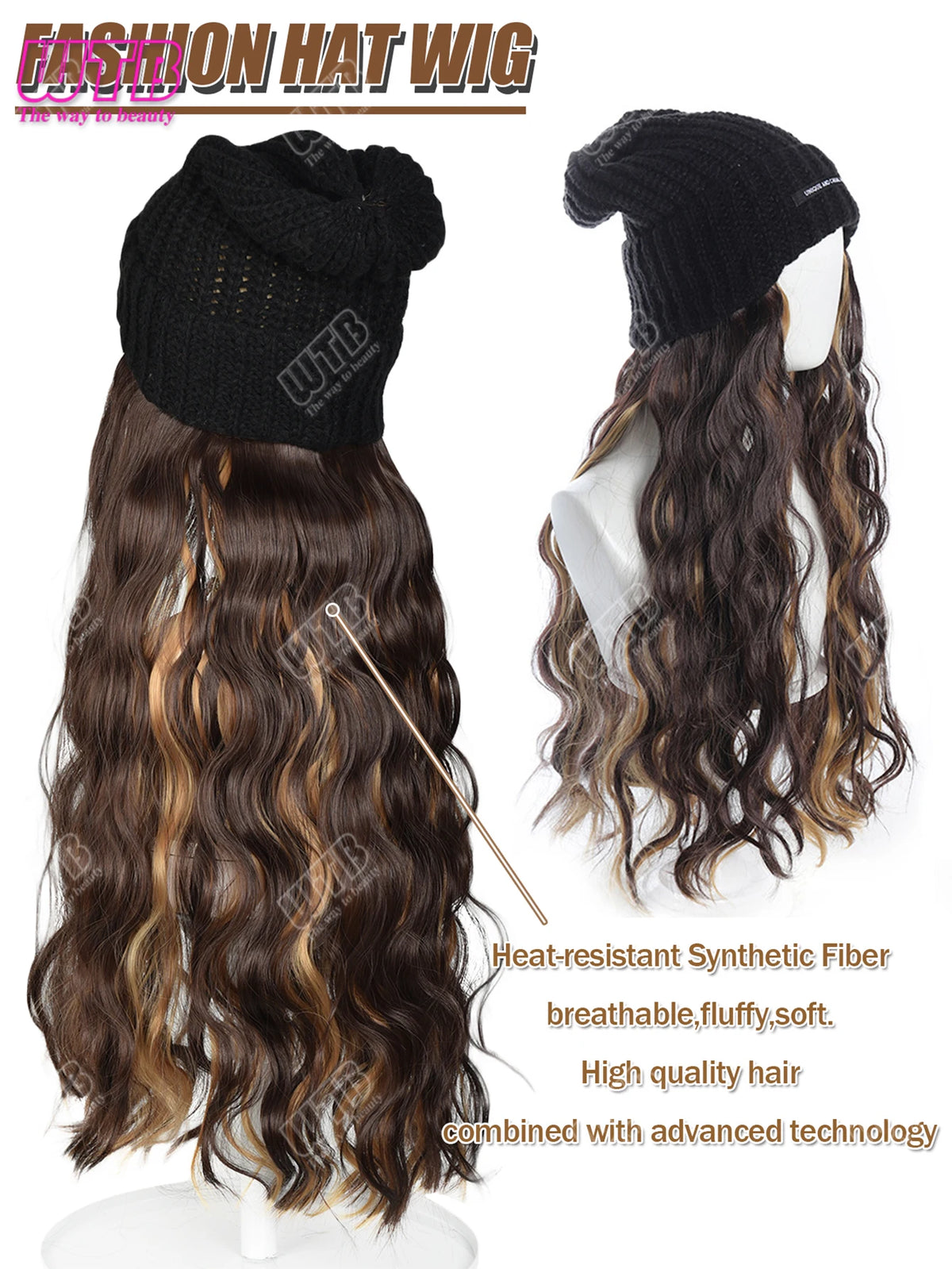 Synthetic Wig Black Hat With Long Curly Hair Extensions; Knitted Hat; Warm Ski Hat For Autumn And Winter
