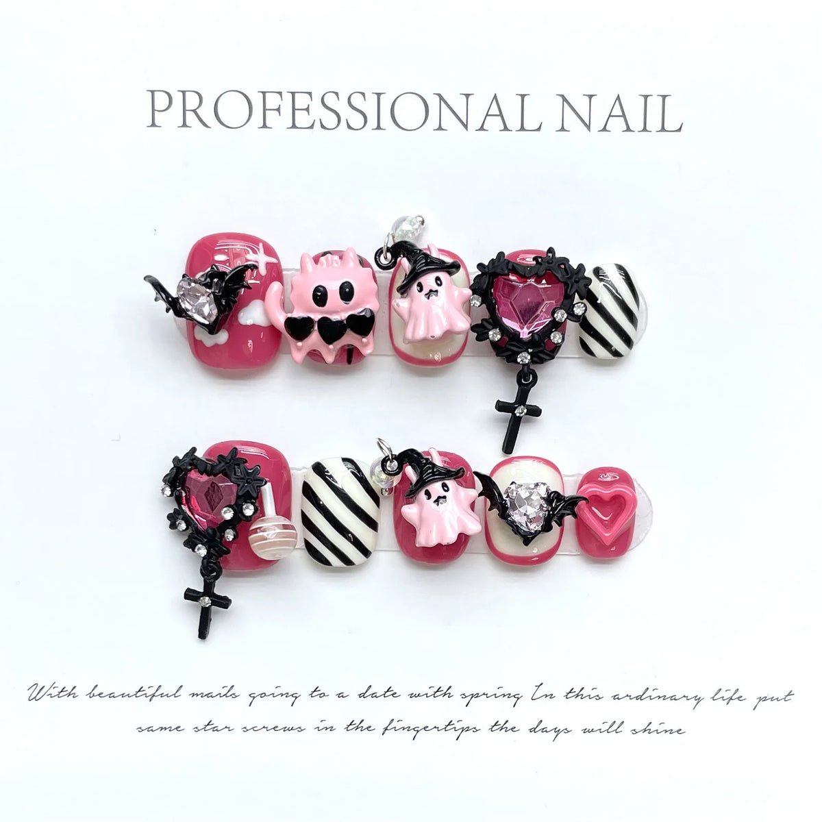 10pcs Halloween Theme False Nail Tips 3D Devil Love Heart Designs Press On Nails Rose Pink Short Round Handmade Fake Nails Art
