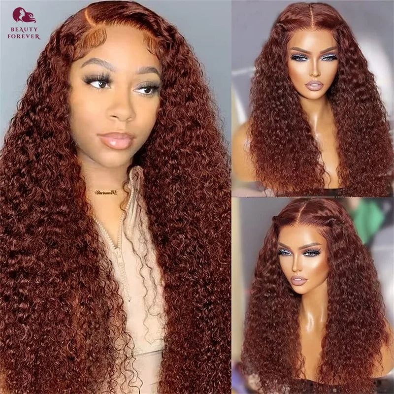 Beautyforever 7x5 Bye Bye Knots Glueless Human Hair Wig Jerry Curly Reddish Brown Color HD Transparent Lace Front Wig 180%