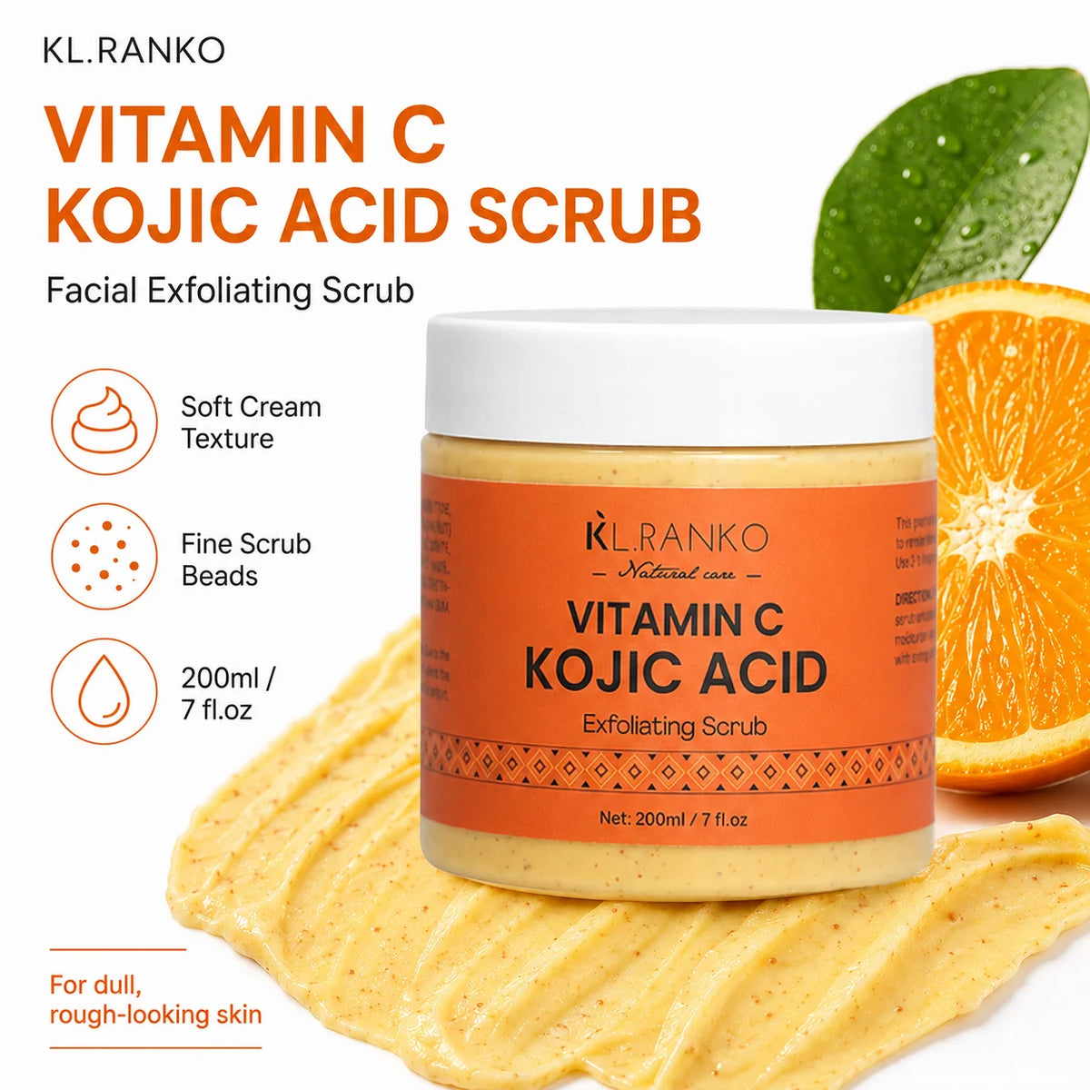 KL.RANKO Vitamin C & Kojic Acid Exfoliating Scrub | Face Scrub & Exfoliating Body Scrub - Vitamin C and Kojic Acid Body Scrub for Brightening, Exfoliating & Soothing, Even Skin Tone Care, Korean Skincare, 200ml/7 fl.oz