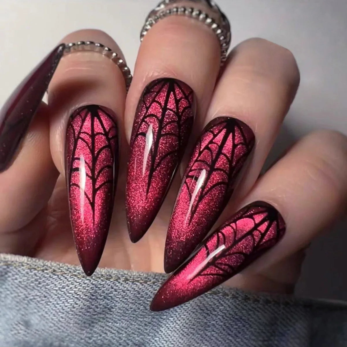 24pcs Long Stiletto False Nails Halloween Gradient Red Full Cover Nail Tip Lines Design Fake Nail Wearable Almond Press on Nails