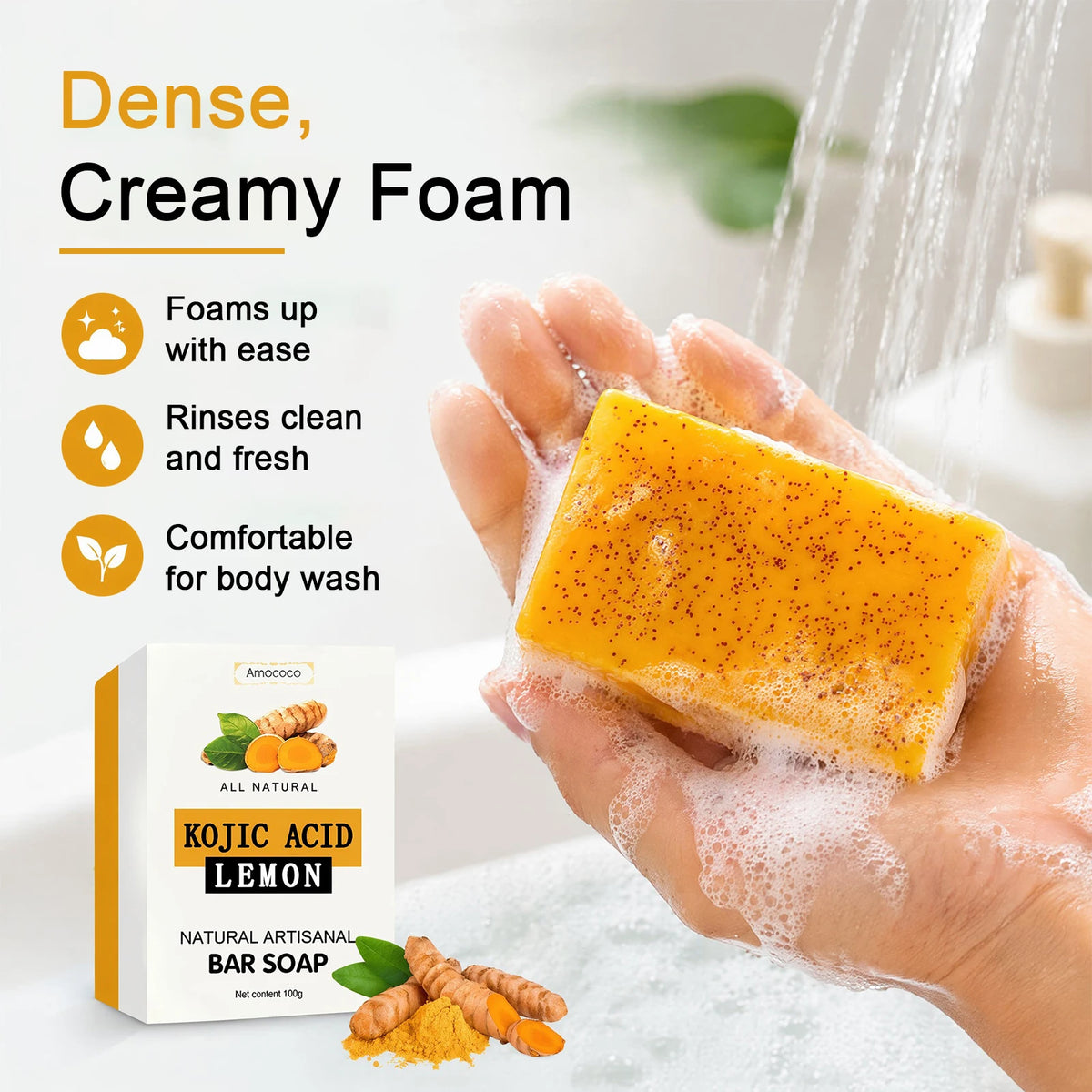 Amococo 3/5/10/30Pcs Turmeric Kojic Acid Brightening Bar Soap Natural Face and Body Cleanser with Vitamin C Retinol Hyaluronic Acid and Shea Butter 100g