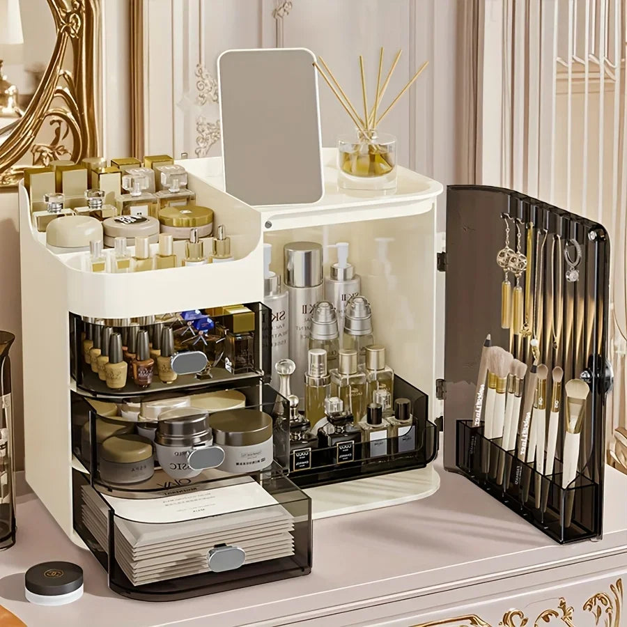 Beige Cosmetic Storage Box High Capacity Dustproof Makeup Organizer with Multi Drawers & Brush Holder for Desktop Dresser Home