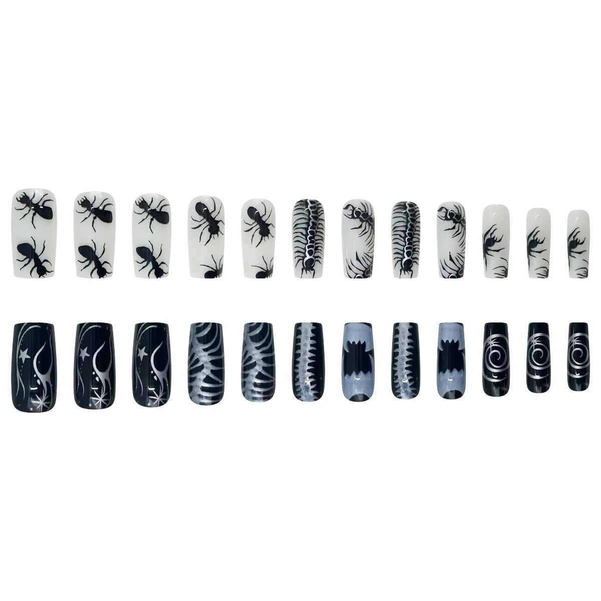 24pcs Gothic Punk Fake Nail Tips Black Ant Centipede Print Coffin Head Press on Nails Wearable European Halloween  False Nails
