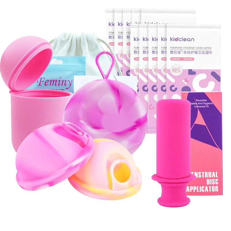 Feminy Menstrual Disc Kit Medical Grade Reusable Soft Silicone Period Disc with Sterilizer Case Applicator Leakproof Monthly Cup