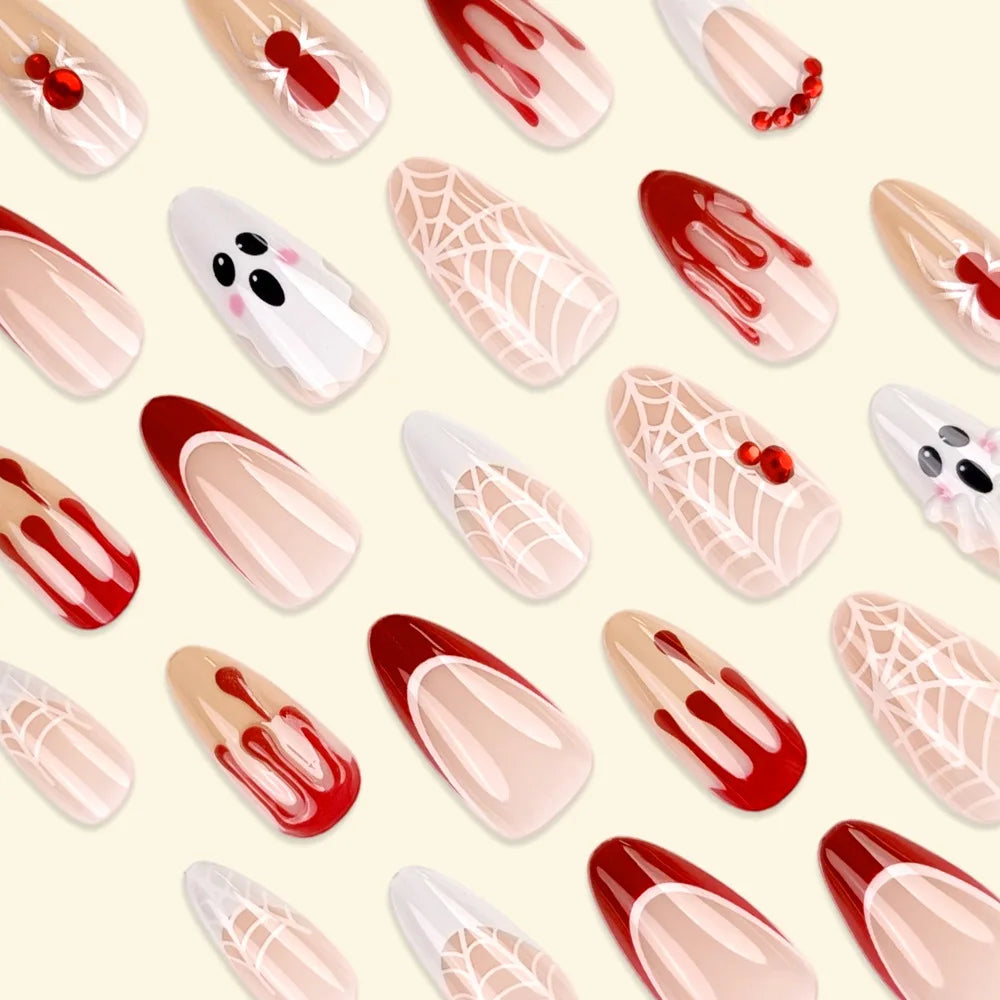 24Pcs Halloween Press On Nails White French Tip Burgundy Blood Drip Spider Web Spider Ghost Almond Fake Nails for Women