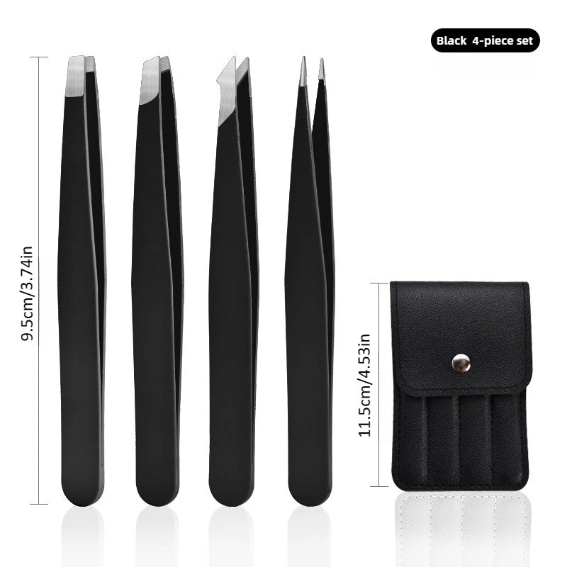 Stainless Steel Eyelash Tweezers 4 Pcs Can Precisely Facial Hair and Debris, Makeup Tools, Comes with a Folding Bag