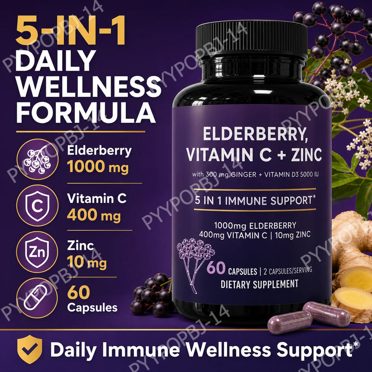 Elderberry Vitamin C Zinc Supplement with D3 5000 IU, Ginger Root Extract Sambucus Nigra Capsules 60 Count