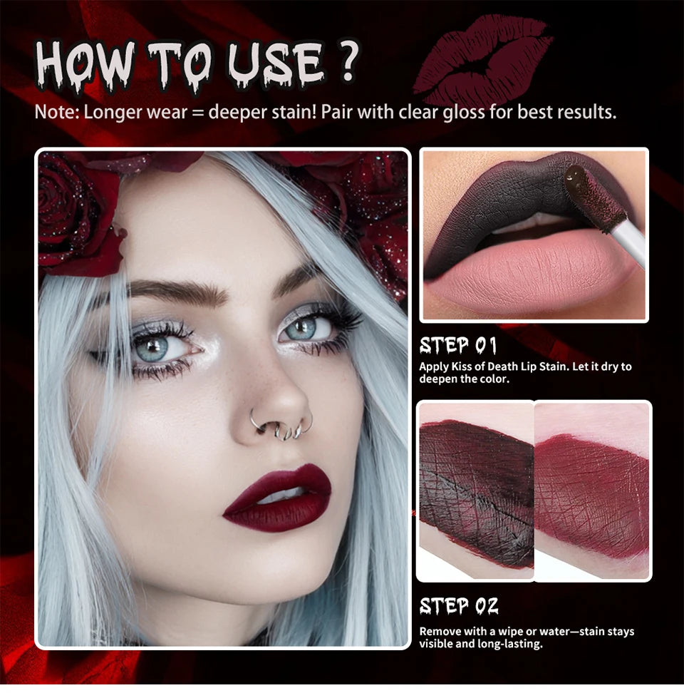 Lip Stain Kiss of Death Bloody Gothic Matte Long Lasting Waterproof Change of Black Vampire Halloween Cosplay Makeup