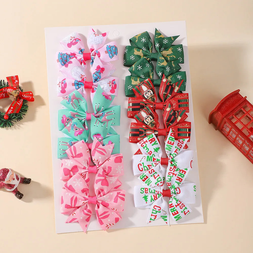 12Pcs Christmas Bow Hair Clips Set Printed Grosgrain Ribbon Pinwheel Bow Barrettes Little Girls Xmas Holiday Hair Accessories