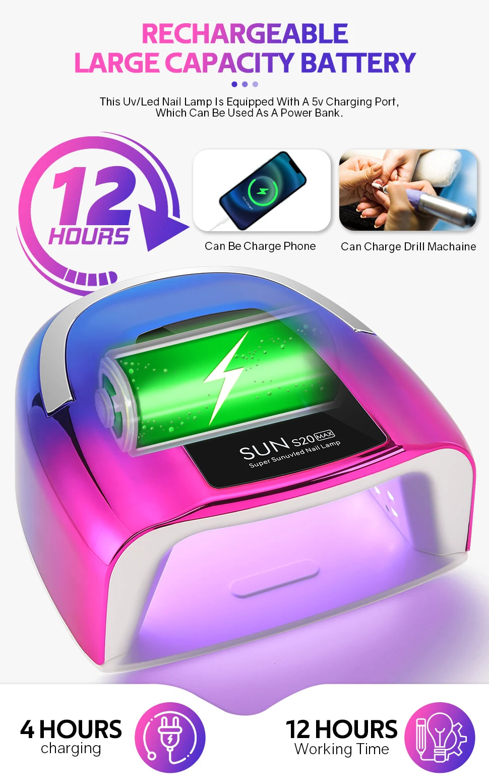 48 LEDs ,200W UV Nail Lamp , LCD Screen, Rechargeable – Cures All Gel Nails, Manicure & Nail Art Tool
