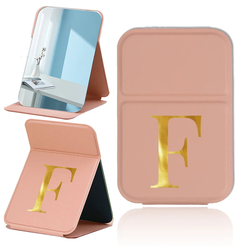 Personalized Pu Vanity Mirror Portable Handheld Makeup Mirror Folding Desktop Makeup Mirror Pocket Cosmetic Tool Letter Pattern