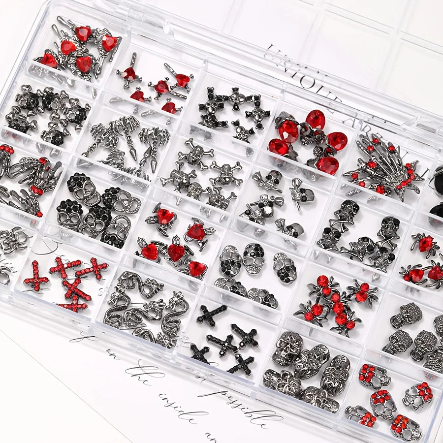 12 Grids Gothic Nail Charms Skull Cross Snake 3D Metal Nail Ornaments with Red Rhinestones Halloween Dark Style Nail Art Decor for Salon Home DIY Manicure