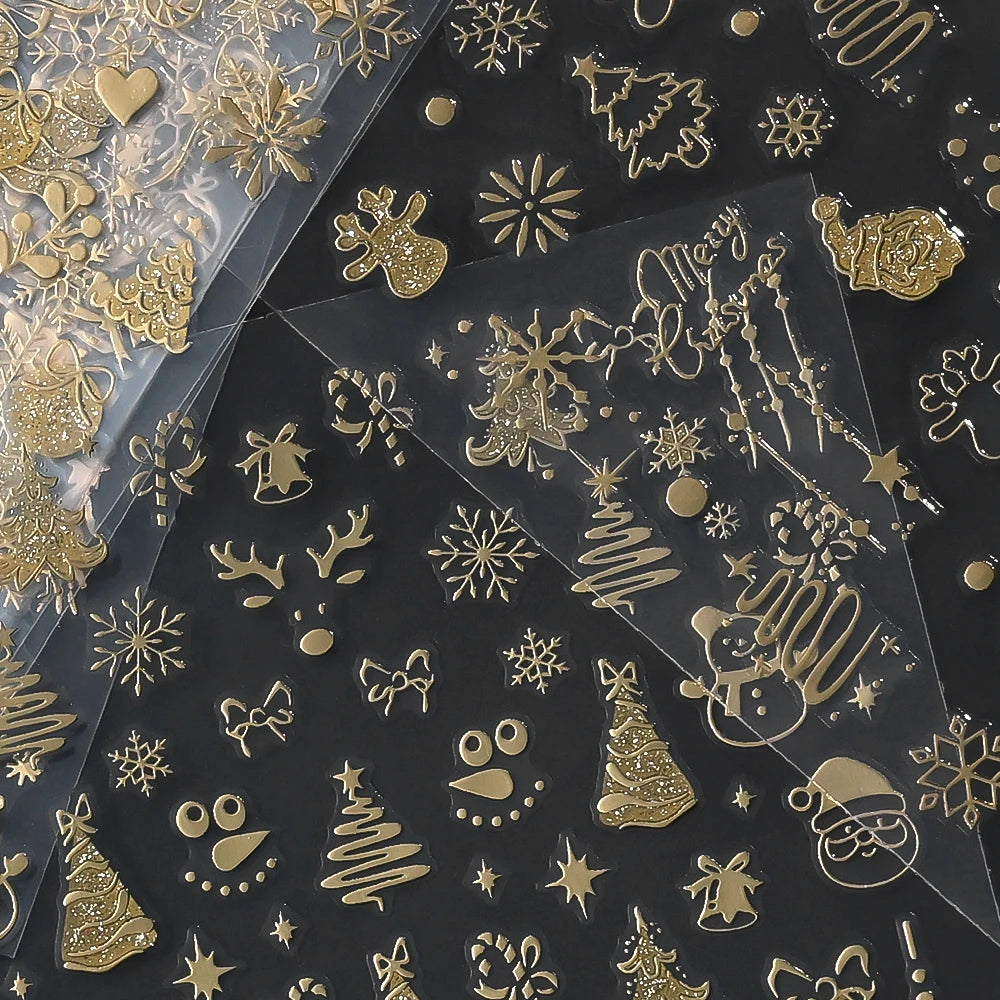 2pcs Gold Christmas Tree Snowflake Nail Art Sticker 3D Luxury Bronzing Glitter Snowman Star Bow Nail Decals Winter Xmas Nail Dec