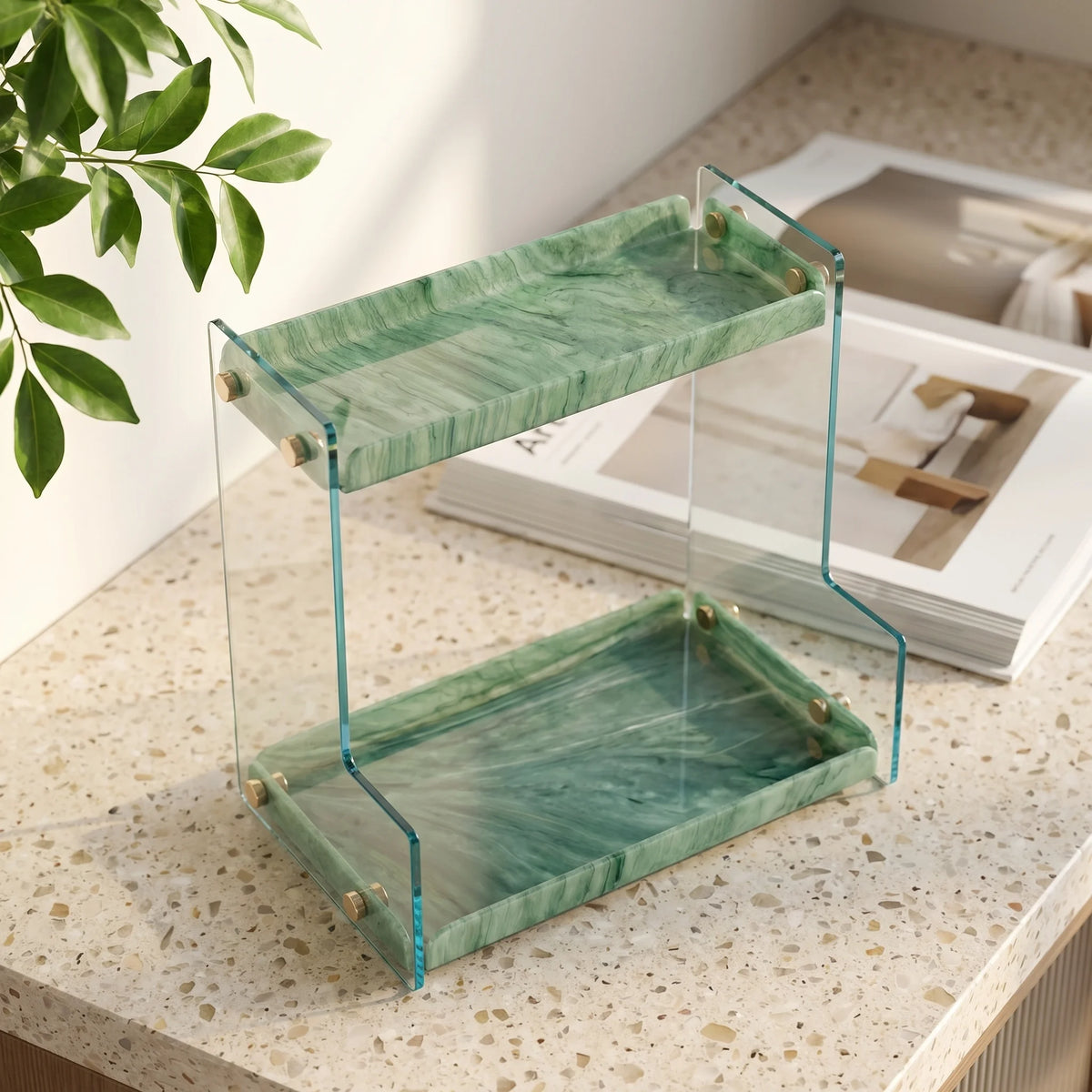 Wood and stone acrylic makeup brush storage box marble rotating dust-proof storage cylinder grid large-capacity lipstick box