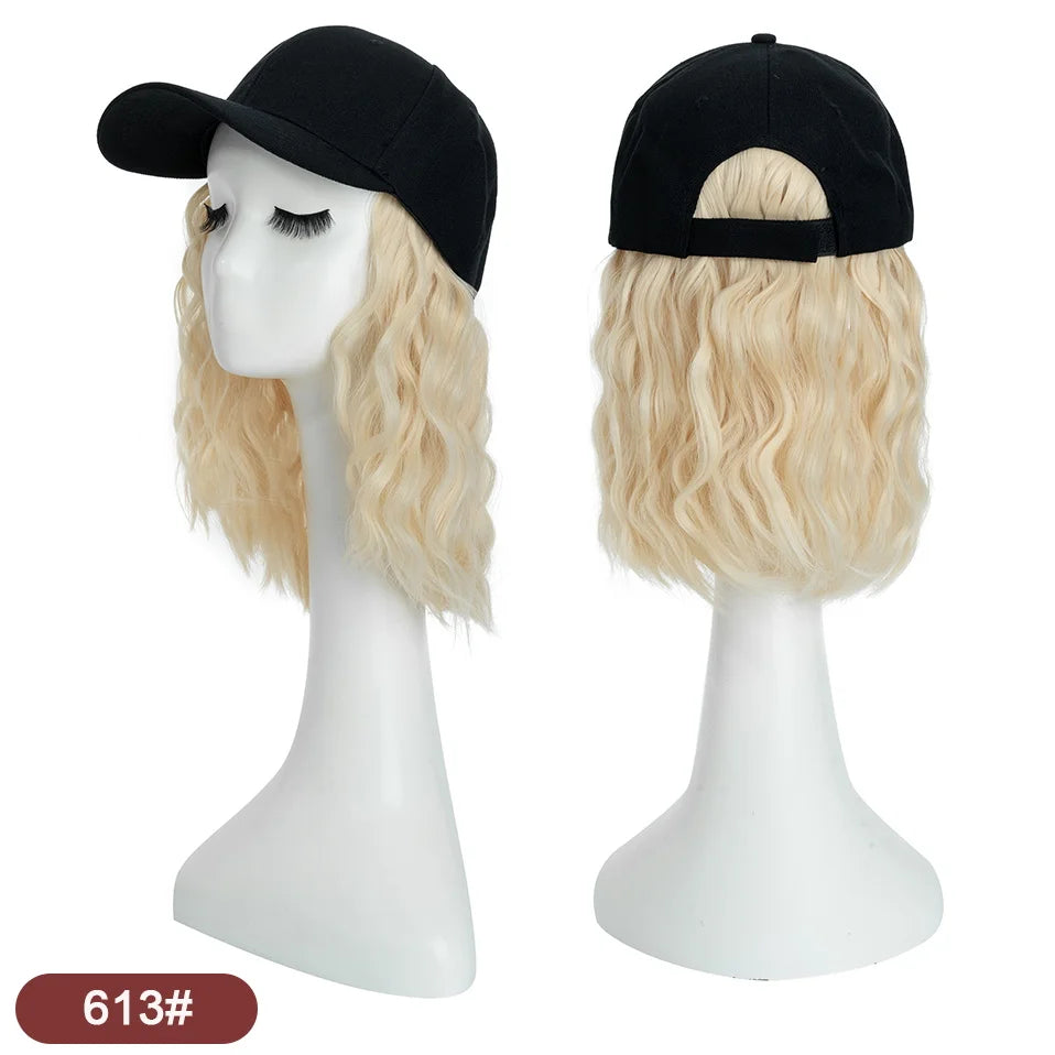 Benehair Hat Wig for Women 8 Inches Wave Baseball Cap Wig with Curly Hair Extensions Wig Synthetic Wave Wig Hat Adjustable Brown
