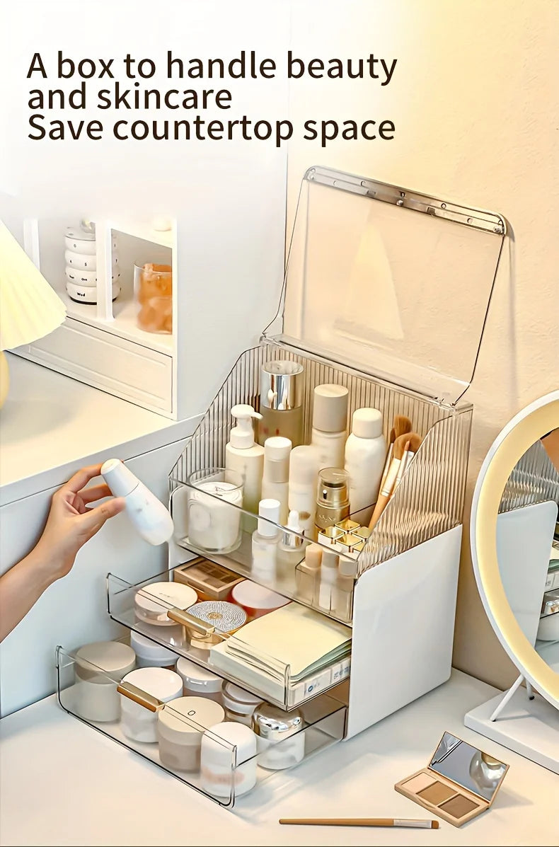 Makeup Organizer Countertop with Lid 3 Tiers Clear Skincare Cosmetic Display Storage Case for Vanity Bedroom Bathroom Dresser