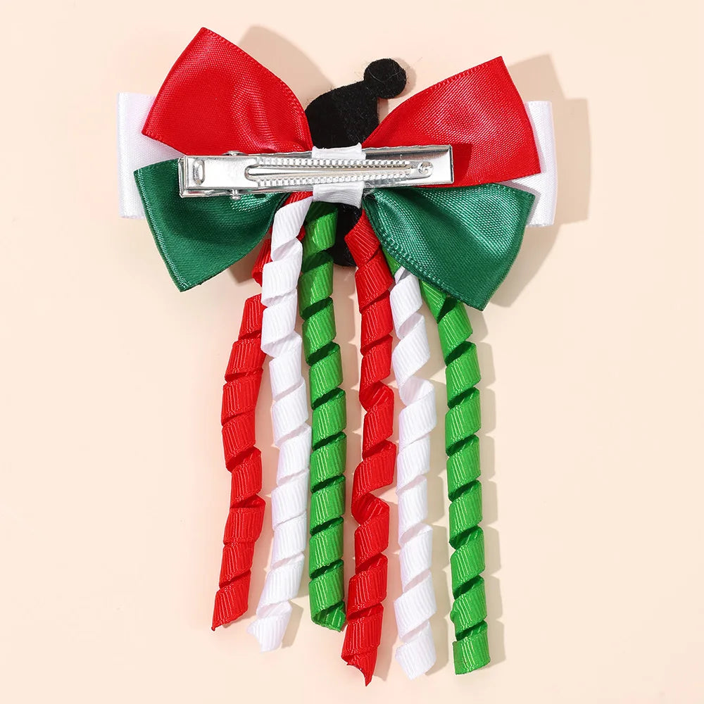 2Pcs Christmas Santa Claus Bow Hair Clips For Girls Cute Reindeer Curly Ribbon Tassels Hairpins Kids  Xmas Party Accessories