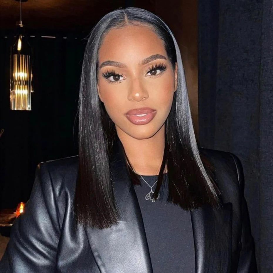Natural Black Bob Wig Human Hair Blunt Cut Bone Straight 13x4 Transparent Lace Front Wig Ear to Ear Shoulder Length Straight Bob Wigs For Women 250% 280% Density